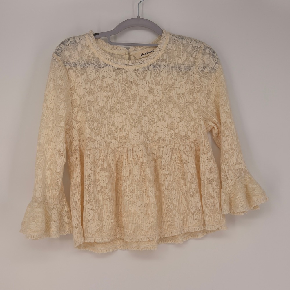 Blue Tassel Lace Blouse Womens Small Cream Floral Bell Sleeve Peplum Boho‎ Sheer